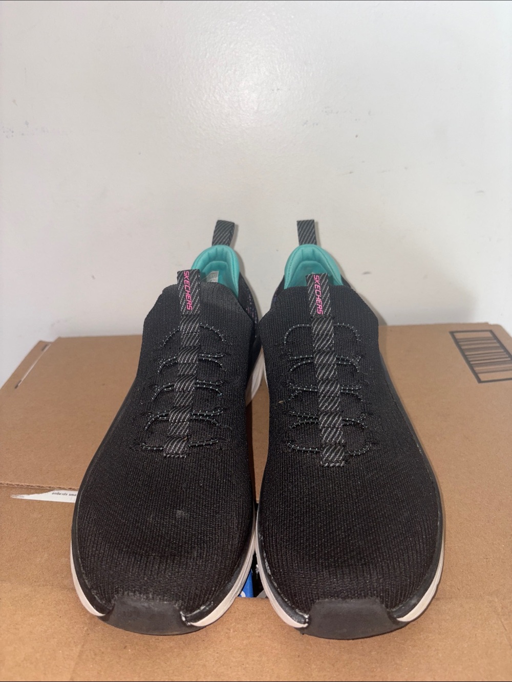 Skechers D'LUX Walker Black with Teal Accent Slip-On Sneakers - Picture 2 of 5